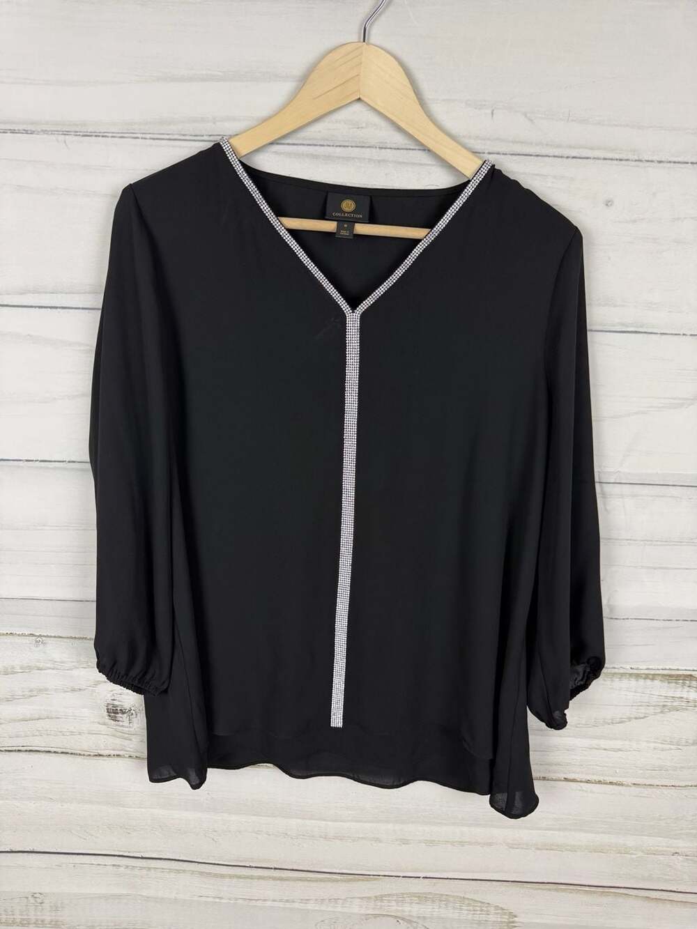 JM Collection Black Rhinestone-Trim V-Neck Blouse Size M